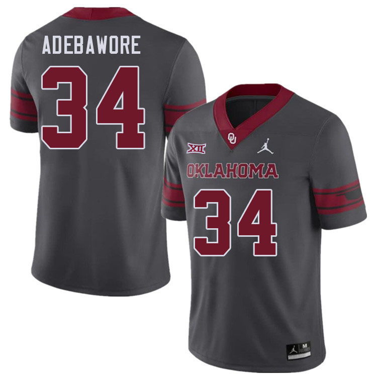 Men #34 Adepoju Adebawore Oklahoma Sooners College Football Jerseys Stitched-Charcoal